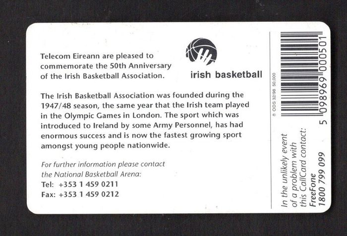 1998 Ireland 50 unit 50th anniversary of the Irish Basketball Association Call Card (ODS3) Used. Telecom Eireann card number 1220