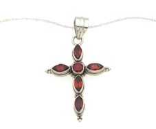 Vintage 925 Sterling Silver & Garnets Cross Necklace