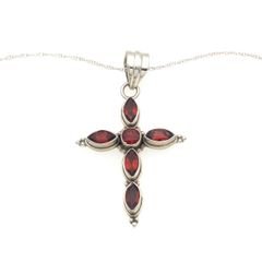 Vintage 925 Sterling Silver & Garnets Cross Necklace