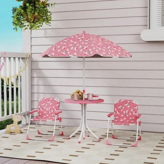 Kids Patio Table and Chair Set, Kids Garden Furniture with Umbrella, 4-Piece Bistro Set for Garden, Pink