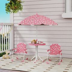 Kids Patio Table and Chair Set, Kids Garden Furniture with Umbrella, 4-Piece Bistro Set for Garden, Pink
