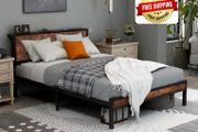 Double Bed Frame Metal Platform Bed Frame with Wood Headboard/Mattress Base/Underbed Storage/No Box Spring Needed/Black