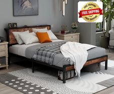 Double Bed Frame Metal Platform Bed Frame with Wood Headboard/Mattress Base/Underbed Storage/No Box Spring Needed/Black