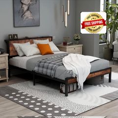 Double Bed Frame Metal Platform Bed Frame with Wood Headboard/Mattress Base/Underbed Storage/No Box Spring Needed/Black