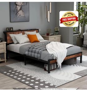 Double Bed Frame Metal Platform Bed Frame with Wood Headboard/Mattress Base/Underbed Storage/No Box Spring Needed/Black