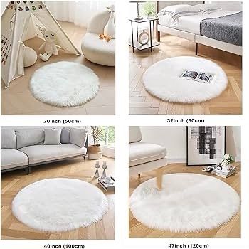 MULTIPLE SIZES AVAILABLE Faux Fur Rug Round Shape Shaggy Rugs Floor Carpet for Bedroom Living Room Kids Room, White/Diam 20 inch