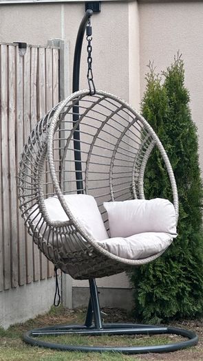 London wicker hanging egg chair with stand.