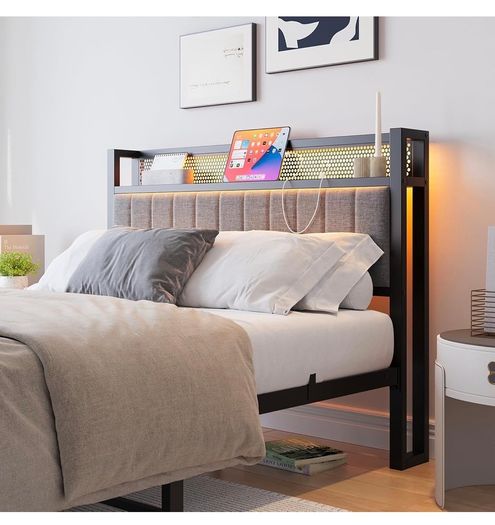 Single Bed Frame with Upholstered Headboard, No Box Spring Needed Wooden Storage Headboard Shelf, 3ft Upholstered Bed Frame with Charging Station/USB Ports and LED Lights (Gray Single Bed)