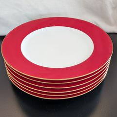 Crate and Barrel 6x Halo Red Dinner Plates 26cm Gold Trim