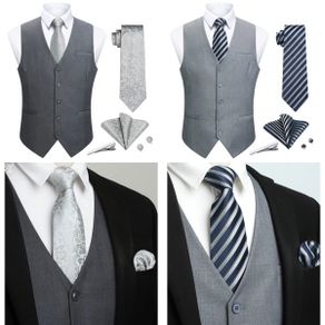Brand New Enlision Suit Vest Men Gray Formal Wedding Waistcoat Tie Pocket Square Set Solid Color Elegant Vests for Men