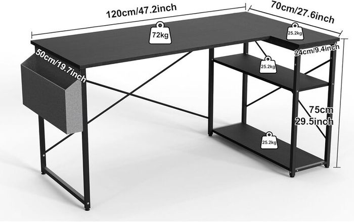 L Shaped Gaming Desk 120x70 cm Computer with Storage Bag Office Small Writing Table Large Reversible Shelves Workstation for Study Play Work Home Black