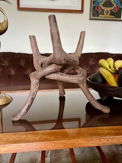 Unique Vintage Wooden African Tribal Art Decor Hand made bowl on Tripod folding Stand