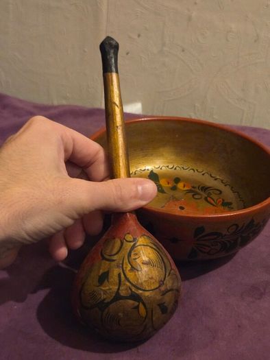 Hand Painted USSR Wooden Bowl and Spoon