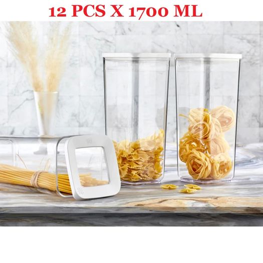 Brand NEW 12x1700 ml 12 PCS Kitchen Food Storage Box Container Set Organizer Square Vacuum Lid Airtight Jars Pantry Noodle Legume Cereals Rice Pasta