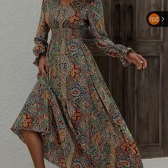 Elegant V Neck Long Sleeve Elasticated Waist Dress - Size - 0XL - RRP - 28.02
