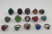Antique 15 Heritage Style Rings Mixed Brass Glass &amp; Decorative Stone Collection