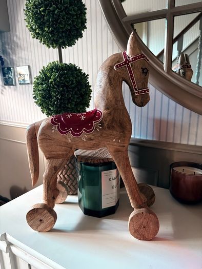 New vintage inspired 45cm high hand carved horse on wheels with washed wood finish