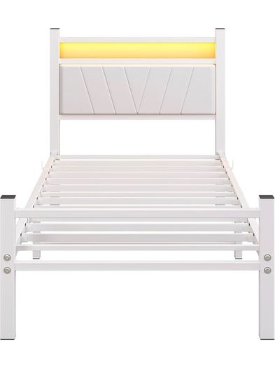 3FT Single Bed Frame with Storage Headboard, White Metal Platform Upholstered Bed frame USB Charging Station,Heavy Duty Metal Bed with LED Lights,Easy Assembly