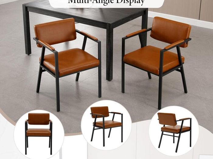 Set of 2 Brown PU Leather Dining Chairs with Armrests Modern Style & Durable Metal Frame