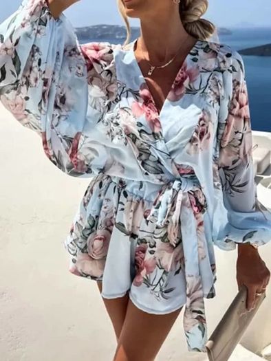 Blue set of chiffon tied top and shorts
