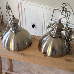 Pair of Searchlight Louisiana Industrial Pendant Lights Satin Silver