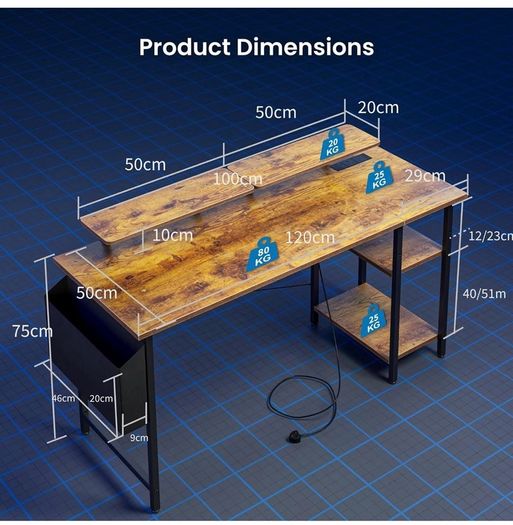 Gaming Desk with LED Lights & Power Outlets, Reversible
