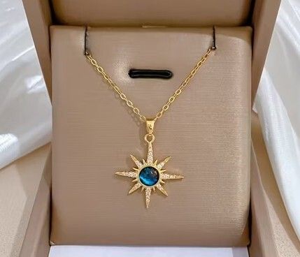 Star Starburst Blue Stone Crystal Gold Necklace