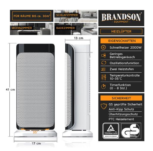 Brandson Ceramic Fan Heater with Remote Control for Bathroom and Bathroom with Oscillation Function