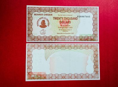 Zimbabwe  20,000  Dollars. 2003 / 2005   SCARCE  PICK  23f . UNC verified Under UV Light. )
