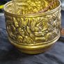 Vintage Brass Hanging Planter likely originates from England and features an embossed floral or rose pattern. The piece has developed a natural verdigris patina over time, postage available or collection Image 2