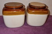 Vintage pair of brown &amp; white jars with cork lid