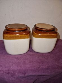 Vintage pair of brown & white jars with cork lid