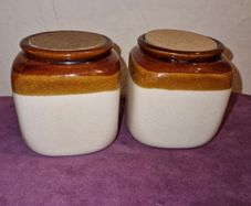 Vintage pair of brown & white jars with cork lid