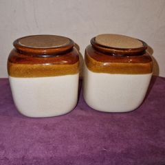 Vintage pair of brown & white jars with cork lid