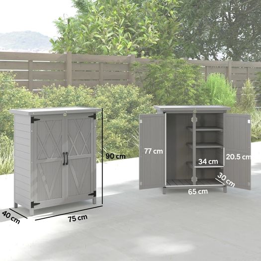 Garden shed cabinet 3 shelves 2 doors galvanized waterproof metal roof solid wood 75 x 40 x 90 cm gray