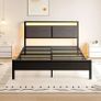 5 King Bed Frame, 150x200cm Metal Platform Upholstered Bed Frame with Storage Headboard, Heavy Duty Metal Bed Double Size with LED Lights and Charging Station,Mattress Foundation (Black) Image 4