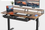 Standing Desk, Electric Height Adjustable Desk with 3 AC Outlets &amp; 2 USB Ports, 120 x 60 cm Stand Up Desk with 2 Drawers