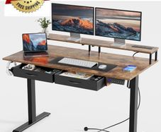 Standing Desk, Electric Height Adjustable Desk with 3 AC Outlets & 2 USB Ports, 120 x 60 cm Stand Up Desk with 2 Drawers