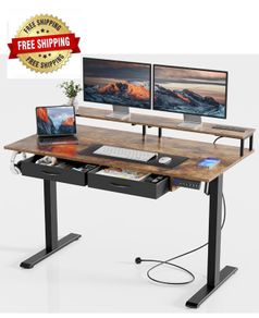 Standing Desk, Electric Height Adjustable Desk with 3 AC Outlets & 2 USB Ports, 120 x 60 cm Stand Up Desk with 2 Drawers