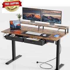 Standing Desk, Electric Height Adjustable Desk with 3 AC Outlets & 2 USB Ports, 120 x 60 cm Stand Up Desk with 2 Drawers