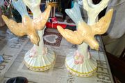 A Large Beautiful Pair of Candle Holders Sculpted Tree with a Colorful Bird in Flight and small pink roses at the base, Postage or Collection