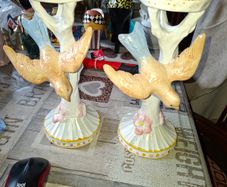 A Large Beautiful Pair of Candle Holders Sculpted Tree with a Colorful Bird in Flight and small pink roses at the base, Postage or Collection