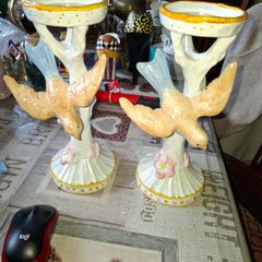 A Large Beautiful Pair of Candle Holders Sculpted Tree with a Colorful Bird in Flight and small pink roses at the base, Postage or Collection