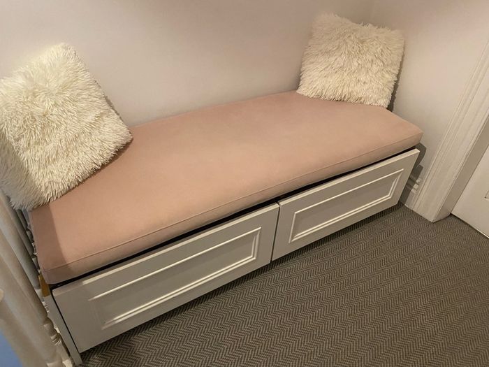 handmade storage bench/window seat with two large built-in drawers and a comfortable upholstered cushion