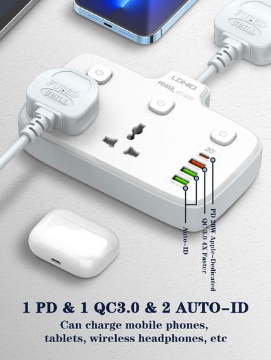 LDNIO SC2413 UK EU US Plug Power Strip With USB Port Extension Power Socket 2500 W 1 PD/QC 3.0 2 AUTO-ID Total 20W
