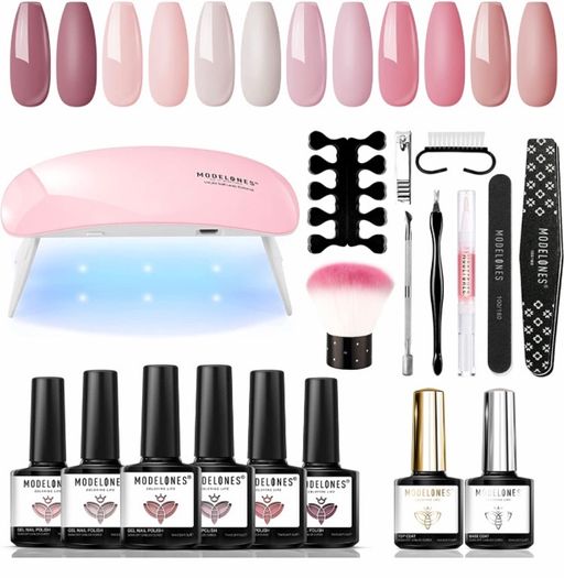 Gel Nail Polish Kit Starter with U V Lamp Portable LED Dryer Lamp, 6 Colors Soak Off Pastel Pink Gel Nail Polish Set/Gel Top & Base Coat/Essential Manicure Tools Nail Art Kit