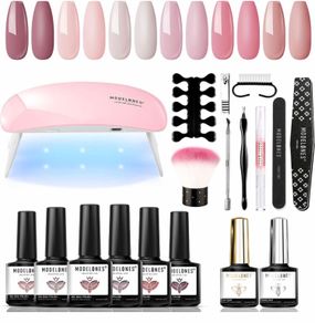 Gel Nail Polish Kit Starter with U V Lamp Portable LED Dryer Lamp, 6 Colors Soak Off Pastel Pink Gel Nail Polish Set/Gel Top & Base Coat/Essential Manicure Tools Nail Art Kit