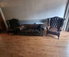 Vintage Chesterfield Leather Sofa Suite three Seater and two Wingback Chairs