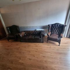 Vintage Chesterfield Leather Sofa Suite three Seater and two Wingback Chairs