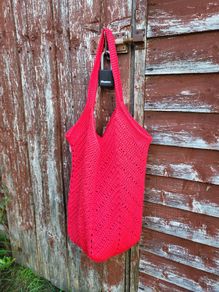 Handmade cotton crochet tote bag - red, shopping bag, woven bag